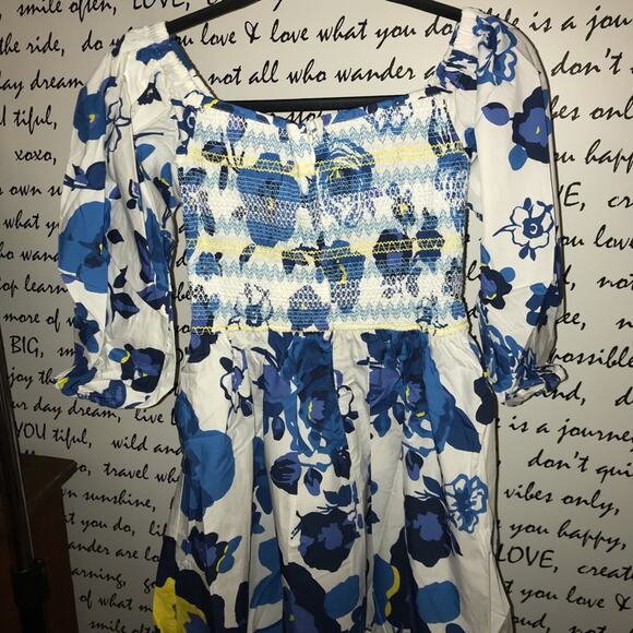 PLENTY BY TRACY REESE OFF-THE-SHOULDER PUFF-SLEEVE SMOCKED DRESS blue white XS - Picture 8 of 10